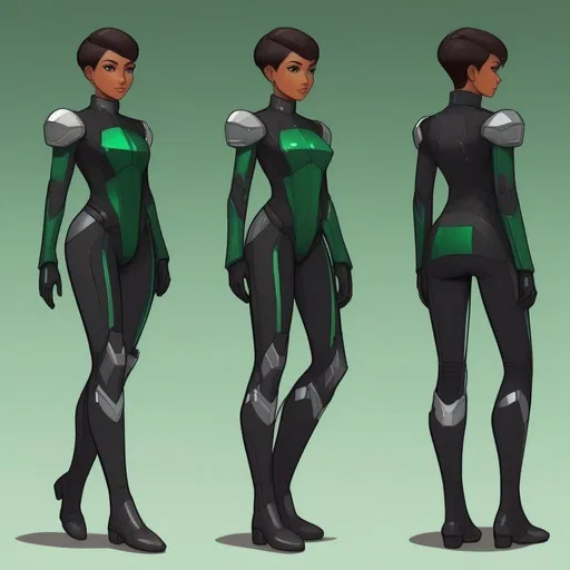 Prompt: Whole body. Full Figure, from distance. a Young noble woman from the future in the 22nd century, black futuristic scifi uniform. Cute. very short dark brown pixie haircut. emerald eyes. soft feminine body features. Smooth skin, detailed, well drawn face. Rpg art. 2d art. 2d.