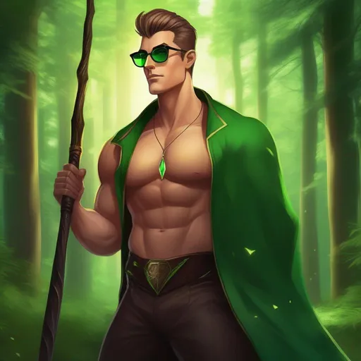 Prompt: highest quality anime art masterpiece, digital drawing, tall muscular bulky caucasian male sorcerer, wearing mage mantle, suideburns, very short brown slicked back pompadour undercut hair with shaved sides:vistani, wearing round glasses, green shades with emerald lenses, green sunglasses, dark female makeup, melancholic, in a forest on a dark foggy night, big sad slant brown eyes, pale milky skin:2, waxing moon, round shaven face, broad cheeks, ethereal, trimmed face, highres, realistic, highly detailed, fantasy, european, irish, D&D, Ravenloft, by Ilya Kuvshinov