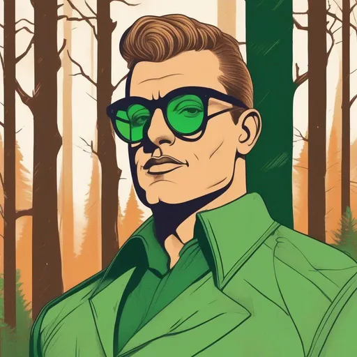 Prompt: A silkscreen illustration, tall muscular bulky caucasian male sorcerer, wearing mage mantle, suideburns, very short brown slicked back pompadour undercut hair with shaved sides:vistani, wearing (round glasses), green sunshades with round emerald lenses, green (round) sunglasses, dark female makeup, melancholic, in a forest on a dark foggy night, big sad slant brown eyes, pale milky skin:2, waxing moon, round shaven face, broad cheeks, ethereal, trimmed face, highres, realistic, highly detailed, fantasy, european, irish, 1960s Soviet Retrofuturism , art neuveau, Hannes bok,