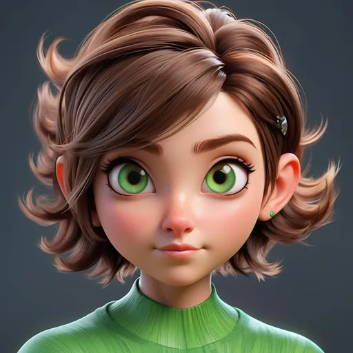Prompt: **coniferous, emale with huge big long hooked aquiline arabian nose, round face, broad cheeks, green eyes, very short brown wavy pixie undercut hair, in style of scott Naismith, 3d, extremely detailed, high definition 