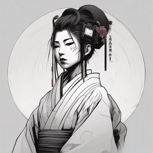 Prompt: Japanese androgynous teenage male geisha, cyberpunk, limitless, art, circle, one color background