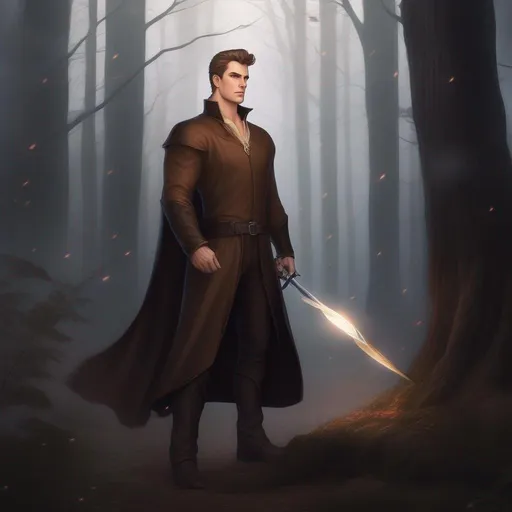 Prompt: highest quality anime art masterpiece, digital drawing, tall muscular bulky caucasian male sorcerer casting magic, wearing mantle, with suideburns, very short brown slicked back pompadour undercut hair with shaved sides:vistani, melancholic, in a forest on a dark foggy night, big sad slant brown eyes, pale milky skin:2, waxing moon, round shaven face, broad cheeks, ethereal, trimmed face, highres, realistic, highly detailed, fantasy, european, irish, D&D, Ravenloft, by Ilya Kuvshinov