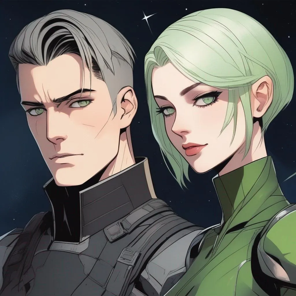 Prompt: a (man with pale skin) and very (short brown slicked back pompadour undercut), green eyes, scarred face, wearing a futiristic black space uniform; hugging a (green woman) with very green skin and short (jet (black)) messy wavy (bob hair) haircut, she has green skin, green face with emerald skin, green skin, green female with green skin colour, green skinned girl, her skin is green, she wears a futiristic entirely black space uniform. soft feminine body features. Smooth skin, detailed, well drawn face. Rpg art. 2d art. 2d.