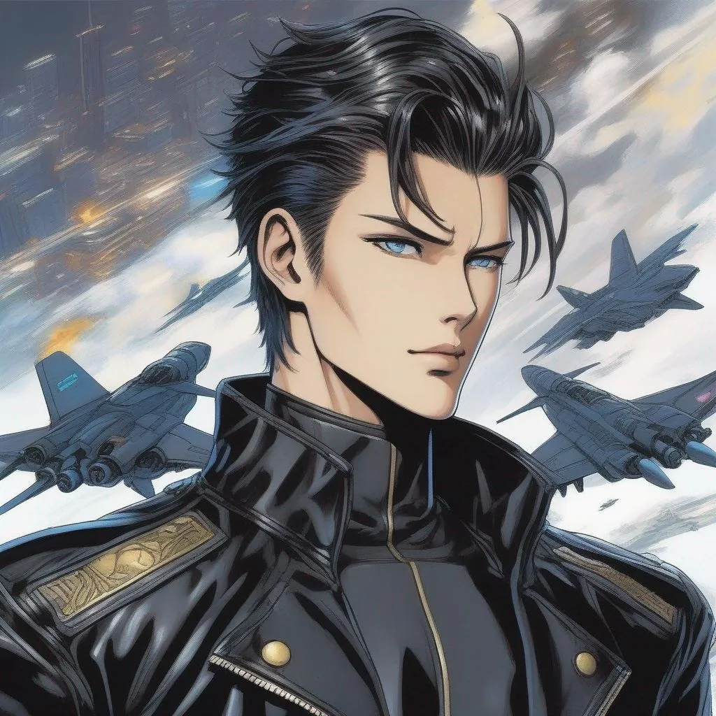 Prompt: An adult man, male scifi pilot. He has extremely short slicked back brown pompadour undercut haircut with trimmed whiskers. birthmarks, futiristic fully dark entirely jet black leather jacket. Handsome. well drawn face. emerald cat eyes, detailed. Ghost in the shell art. Masamune Shirow art. anime art. Leiji Matsumoto art. Akira art. Otomo art. 2d. 2d art.