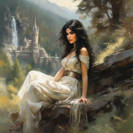 Prompt: fantasy book cover, a black haired pale persian buxom woman with long wavy messy hair, which, tall and willowy and pretty, soft freckles, big large brown eyes, enchantress, intricate brown and white dress, wearing old attire, iron palace gray metal, landscape beautiful pine forest, Carne Griffiths, Michael Garmash, Frank Frazetta, Castle Background, Victo Ngai, Detailed, Vibrant, Sharp Focus, Character Design, Wlop, Kuvshinov, Character Design, TXAA, 32k, Highly Detailed, Dynamic Pose, Intricate Motifs, Organic Tracery, Perfect Composition, Digital Painting, Artstation, Smooth, Sharp Focus, Illustration, hyperdetailed, greg rutkowski