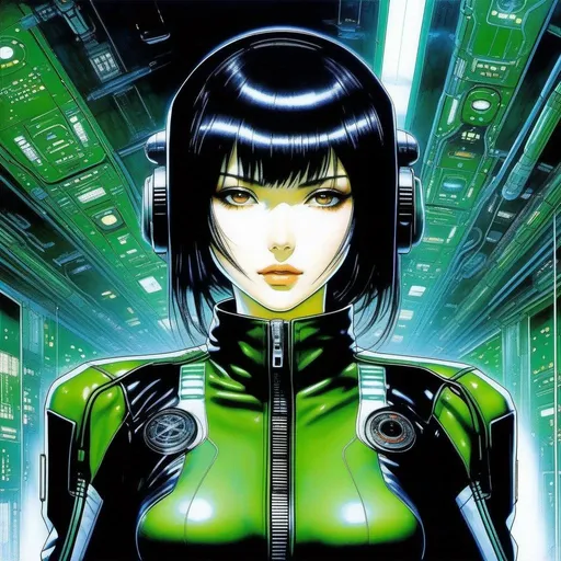 Prompt: detailed green skinned character portrait, full body portrait of a green skin petite slim female with short black messy wavy bob cut and green skin, green woman retro futuristic starship officer, black futuristic leather jackett, girlwith green skin color, on smoky background, docking station, inside of a spaceship, Ghost in the shell art. Masamune Shirow art. anime art. Leiji Matsumoto art. Akira art. Otomo art. 2d. 2d art.