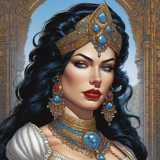 Prompt: A D&D 2e style illustration of a pale mexican female queen, thick, thigh, curvy, pale white milky skin,  snow white vibe, blue eyes, fantasy, DnD, D&D, Pathfinder, style of Vampire, by Clyde Caldwell,