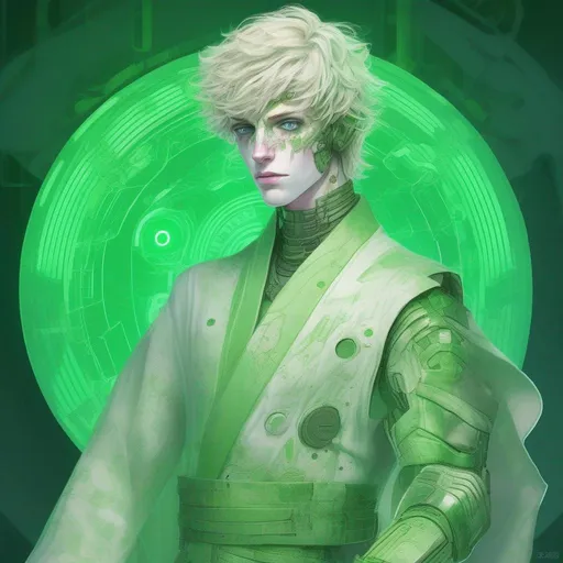 Prompt: light green rice paper::3, bionic boy alike tall girlish Japanese boyish androgynous feminine young caucasian teenage male boy geisha, slightly masculine, a bit manly, boylike girllike cyberpunk bot with open body implants an prosthetics, long wavy hair, woman kimono, full makeup, limitless, art, circle, one color background, by Hokusai and James Gurney,