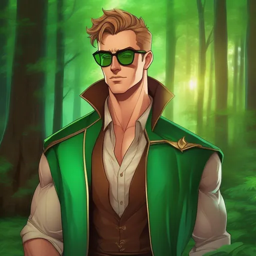 Prompt: highest quality anime art masterpiece, digital drawing, tall muscular bulky caucasian male sorcerer, wearing mage mantle, suideburns, very short brown slicked back pompadour undercut hair with shaved sides:vistani, wearing round glasses, green shades with emerald lenses, green round sunglasses, dark female makeup, melancholic, in a forest on a dark foggy night, big sad slant brown eyes, pale milky skin:2, waxing moon, round shaven face, broad cheeks, ethereal, trimmed face, highres, realistic, highly detailed, fantasy, european, irish, D&D, Ravenloft, by Ilya Kuvshinov