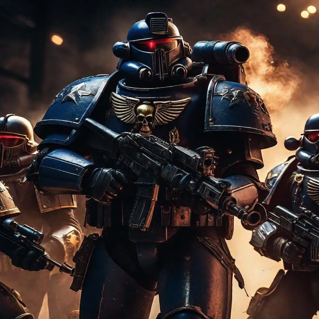 Prompt: a cinematic shot of a team of space marines from Warhammer 40k, a trooper veteran leading a group of marines, dark wh40k heavy body armor, (captain rank insignia on shoulder), (skull decoration on breastplate), dark gritty tones, dark atmospheric lighting, firing line in background with dense laser beams, subject wearing heavy 40k armor, professional shot, wh40k imperium of mankind, astra militarum, photorealistic ((wh40k bolt pistol)), photo