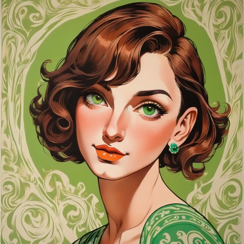 Prompt:  vaudeville imperatrice, neo-fauvist screenprint. Beautiful, extremely detailed emale with huge big long hooked aquiline arabian nose, round face, broad cheeks, green eyes, very short brown wavy pixie undercut hair, 