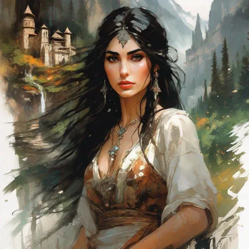 Prompt: fantasy book cover, a black haired armenian woman with long hair, which, tall and willowy and pretty, soft freckles, big large brown eyes, enchantress, intricate brown and white dress, wearing old attire, iron palace gray metal, landscape beautiful pine forest, Carne Griffiths, Michael Garmash, Frank Frazetta, Castle Background, Victo Ngai, Detailed, Vibrant, Sharp Focus, Character Design, Wlop, Kuvshinov, Character Design, TXAA, 32k, Highly Detailed, Dynamic Pose, Intricate Motifs, Organic Tracery, Perfect Composition, Digital Painting, Artstation, Smooth, Sharp Focus, Illustration, hyperdetailed, greg rutkowski