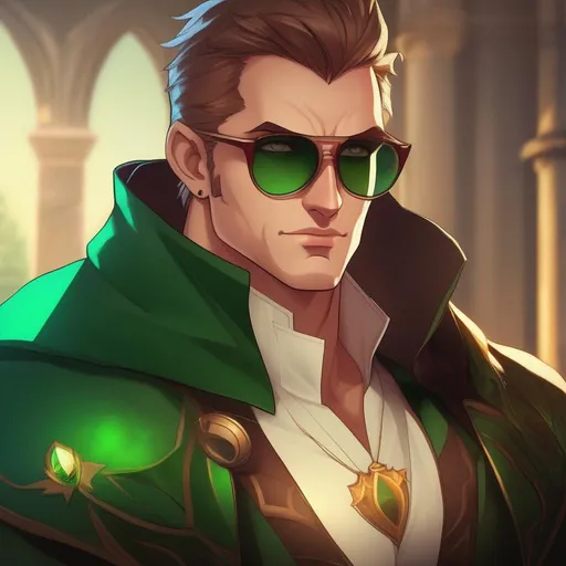 Prompt: highest quality anime art masterpiece, digital drawing, tall muscular bulky caucasian male sorcerer, wearing mage mantle, suideburns, very short brown slicked back pompadour undercut hair with shaved sides:vistani, wearing (round glasses), green sunshades with round emerald lenses, green (round) sunglasses, dark female makeup, melancholic, in a forest on a dark foggy night, big sad slant brown eyes, pale milky skin:2, waxing moon, round shaven face, broad cheeks, ethereal, trimmed face, highres, realistic, highly detailed, fantasy, european, irish, D&D, Ravenloft, by Ilya Kuvshinov