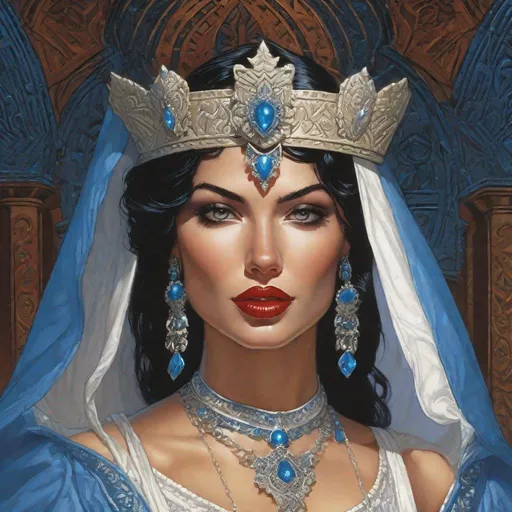 Prompt: A D&D 2e style illustration of a pale mexican female queen, pale white milky skin,  snow white vibe, blue eyes, fantasy, DnD, D&D, Pathfinder, style of Vampire, by Clyde Caldwell,