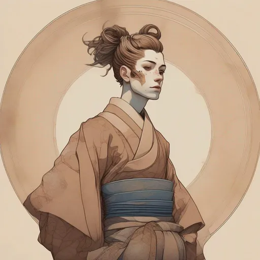 Prompt: full body image of a tall Japanese androgynous feminine young caucasian teenage male boy geisha, slightly masculine, cyberpunk cyborg with open body parts, short brown sliked back pompadour undercut hair, limitless, art, circle, one color background, by Hokusai and James Gurney,