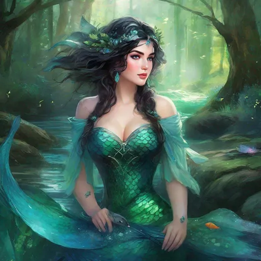 Prompt: fantasy book cover, a plump curvy black haired mermaid princess with brown highlights in her very short messy wavy bob hair, mermaid fae, tall and willowy and pretty, soft freckles, big large green eyes, pointed ears, intricate blue and green gown, pointy ears, iron palace gray metal, landscape beautiful pine forest, fishlail, Carne Griffiths, Michael Garmash, Frank Frazetta, Castle Background, Victo Ngai, Detailed, Vibrant, Sharp Focus, Character Design, Wlop, Kuvshinov, Character Design, TXAA, 32k, Highly Detailed, Dynamic Pose, Intricate Motifs, Organic Tracery, Perfect Composition, Digital Painting, Artstation, Smooth, Sharp Focus, Illustration, hyperdetailed, greg rutkowski