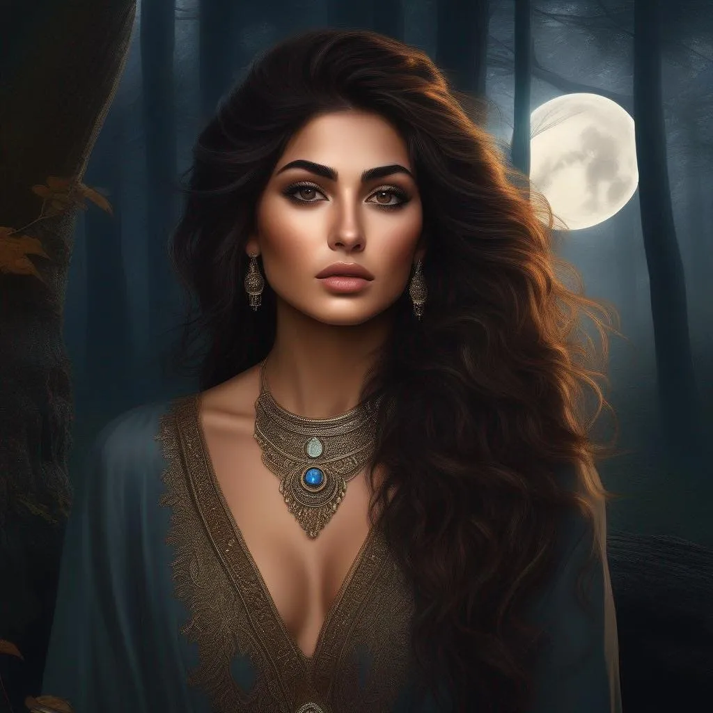 Prompt: highest quality anime art masterpiece, digital drawing, Azerbaijani woman with long black thick wavy messy hair:vistani, sad in a forest on a dark foggy night, big brown eyes, tanned skin:2, waxing moon, huge long wide broad hooked greek aquiline algerian oriental arabic nose, ethereal, jewelry set, highres, realistic, highly detailed, fantasy, gypsy, roma, D&D, Ravenloft, by Ilya Kuvshinov