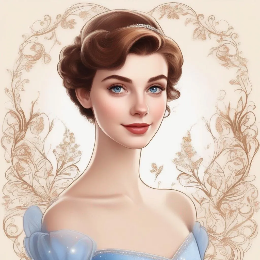 Prompt: Please create an Disney art of a short haired man in style of a drawing using aspects of lore of a beautiful young woman with very short brown pixie hair as Cinderella