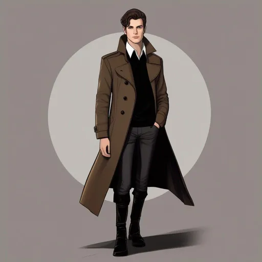 Prompt: full body shot shot of a young {man} with moderate length brown hair wearing dark brown trench jacket and white collared shirt with black pants and black boots, handsome, rpg art. Star trek art. 2d art. 2d