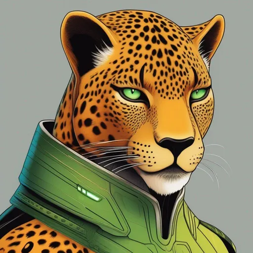 Prompt:  A 33 years old alien of a star trek leopard race. Vaguely humanoid. He has shot orange fur and a white skin. He wears a scifi uniform and has green lizard eyes. Detailed, well draw face, Smooth skin. rpg art. Star trek art. 2d art. 2d, color drawing