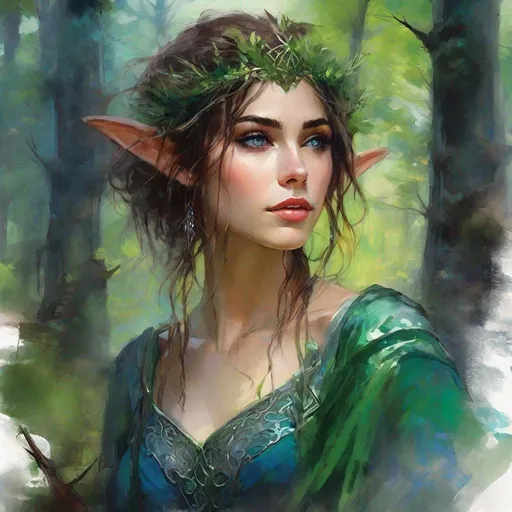 Prompt: fantasy book cover, a dark chesnut haired elven princess with brown highlights in her very short messy wavy bob hair, elf fae, tall and willowy and pretty, soft freckles, big large green eyes, pointed ears, intricate blue and green gown, pointy elvish ears, iron palace gray metal, landscape beautiful pine forest, Carne Griffiths, Michael Garmash, Frank Frazetta, Castle Background, Victo Ngai, Detailed, Vibrant, Sharp Focus, Character Design, Wlop, Kuvshinov, Character Design, TXAA, 32k, Highly Detailed, Dynamic Pose, Intricate Motifs, Organic Tracery, Perfect Composition, Digital Painting, Artstation, Smooth, Sharp Focus, Illustration, hyperdetailed, greg rutkowski