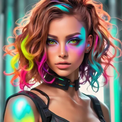 Prompt: Woman, tanned skin, shiort wavy chestnut hair, beautiful Cybergoth colorful translucent brutalist liminal space 