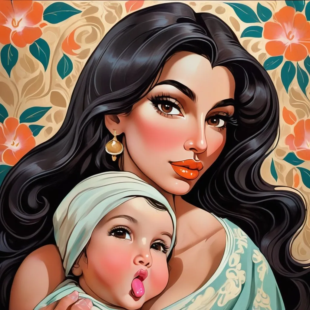 Prompt: Luxurious imperatrice, neo-fauvist screenprint. armeinian buxom female with huge big long hooked aquiline arabian nose,round face, broad cheeks, brown eyes, long black wavy hair, mocha skin, Beautiful, full pouty thick pumped lips, peachy lipstick holding her baby son, extremely detailed 