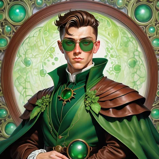 Prompt: a dynamic full body portrait of an irish adult beautiful handsome brown haired man, very short slicked back pompadour undercut with shaved sides and chestnut wisps, wearing a dark sorcerer mantle and round glasses, green mirror shades with emerald lenses round face, broad cheeks, dressed, muscular, intricate, sharp focus, in the style of Ivan Bilibin, Ernst Haeckel, Daniel Merriam, watercolor and ink