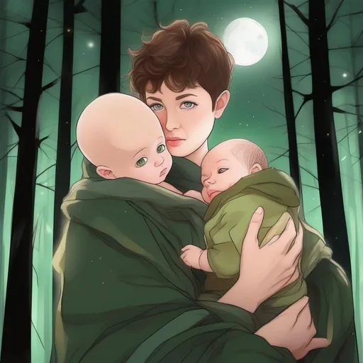 Prompt: highest quality anime art masterpiece, digital drawing, caucasian woman with very short brown thick wavy messy pixie hair:vistani, carrying a balding bald hairless newborn baby boy in her arms, sad, in a forest on a dark foggy night, big green eyes, tanned skin:2, waxing moon, huge long wide broad hooked greek aquiline algerian oriental arabic nose, flat chest, ethereal, jewelry set, highres, realistic, highly detailed, fantasy, gypsy, roma, D&D, Ravenloft, by Ilya Kuvshinov