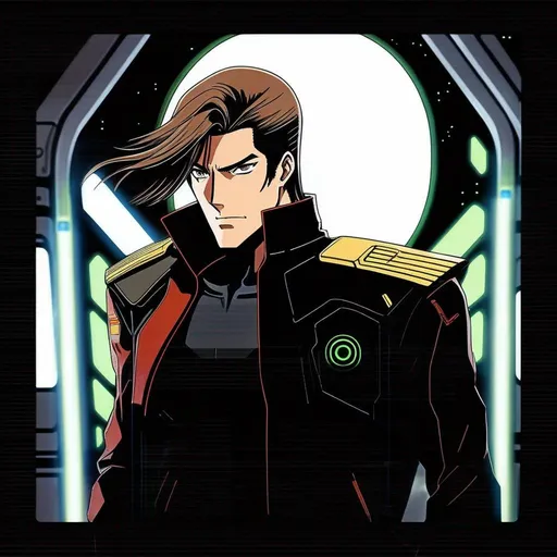 Prompt: detailed character portrait, full body portrait of a muscled male with brown pompadour undercut, retro futuristic starship captain, green glowing eyes, smirking, black futuristic leather jackett, on smoky background, transporter, teleporter, inside of a spaceship, Akira art. Anime art. Captain Harlock art. Leiji Matsumoto art. 2d art. 2d. well drawn face. detailed.