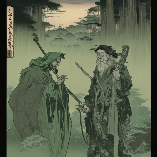 Prompt: light aged green paper::3 tarot card::2 a caucasian sorcerer wearing mage robes with a wizard staff::3 next to pond::3 by Hokusai and James Gurney, trending on artstation::3 incredible desaturated black and green ink illustration::4 —ar 9:21