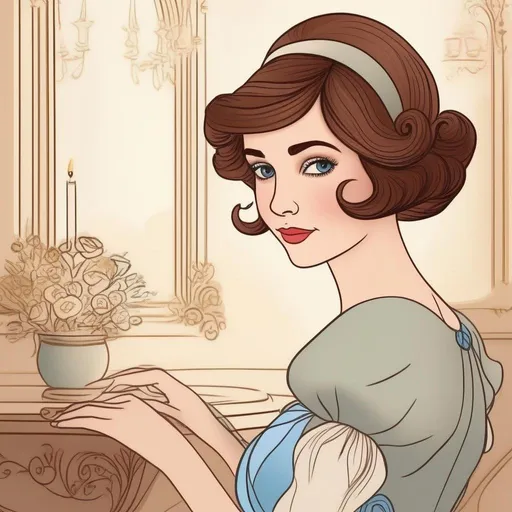 Prompt: Please create an Disney art of a short haired woman inn style of a drawing using aspects of lore of a beautiful young woman with very short brown pixie hair as Cinderella