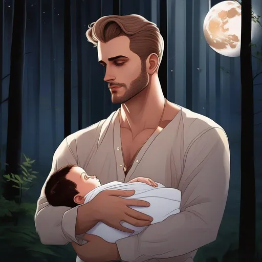 Prompt: highest quality anime art masterpiece, digital drawing, caucasian man with very short brown slicked back pompadour undercut hair:vistani, melancholic, in a forest on a dark foggy night, holding a newborn, bid sad slant brown eyes, pale milky skin:2, waxing moon, round face, broad cheeks, ethereal, jewelry set, highres, realistic, highly detailed, fantasy, european, irish, D&D, Ravenloft, by Ilya Kuvshinov