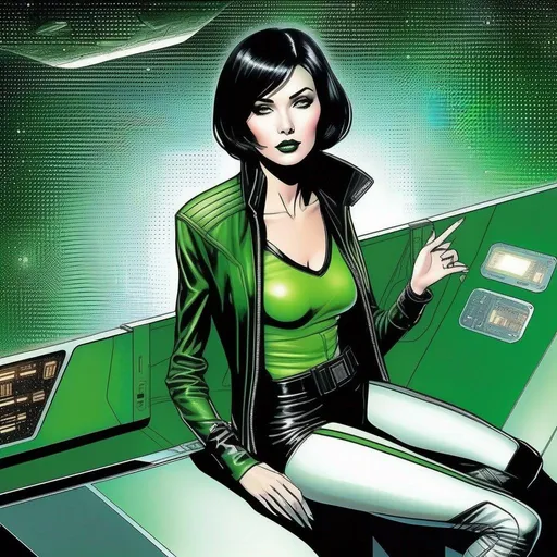 Prompt: detailed green skinned character portrait, full body portrait of a green skin petite slim female with short black messy wavy bob cut and green skin, green woman retro futuristic starship officer, black futuristic leather jackett, girlwith green skin color, on smoky background, docking station, inside of a spaceship, Marvel comics art, (comic art), 2d art. (2d), DC comics art. Well drawn faces, detailed faces.