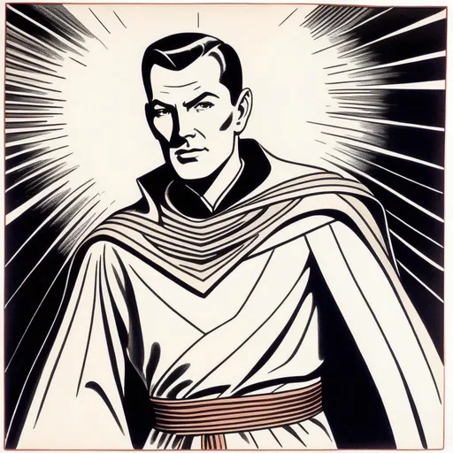 Prompt: Silk screen comic book illustration of a male mage, wearing a dark wizars robe with a cape, loincloth, shirt underneath, very short extremely deep dark brown slicked back pompadour undercut with dark ginger highlights and shaved sides, very bright and pale milky skin, Well drawn face, detailed face, 1960s Soviet retrofuturism, 