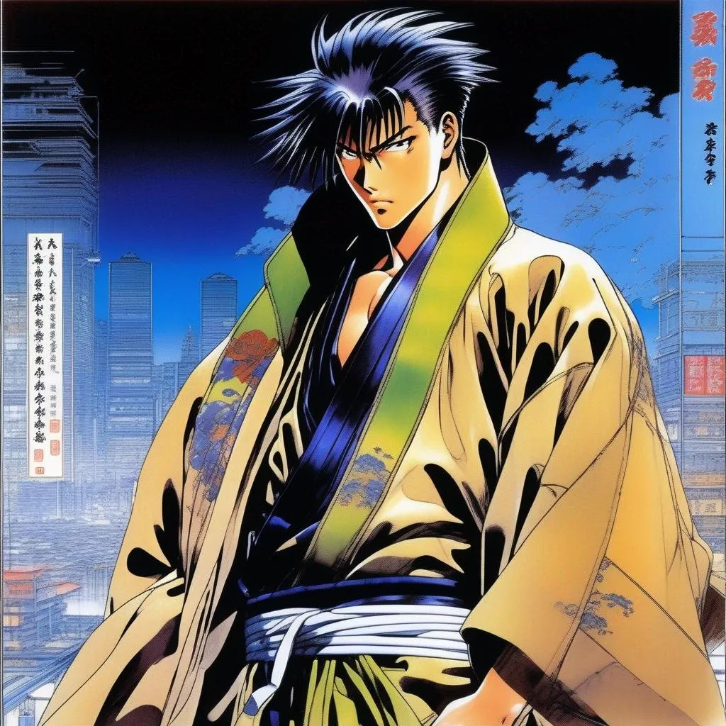 Prompt: detailed character, full body portrait of a young adult male sorcerer, round face, broad cheeks, extremely short brown slicked back pompadour undercut, green glowing eyes smirking, wearing robes with a scarf,  Ghost in the shell art. Masamune Shirow art. anime art. Leiji Matsumoto art. Akira art. Otomo art. 2d. 2d art.