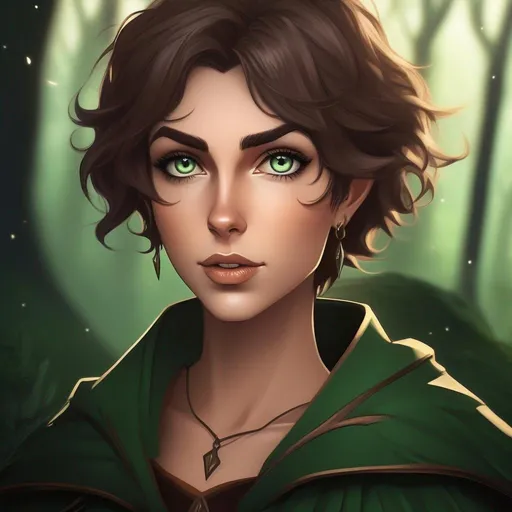 Prompt: highest quality anime art masterpiece, digital drawing, tiny skinny caucasian female sorceress, wearing mage mantle, , very short wavy brown pixie undercut hair with shaved sides:vistani, dark female makeup, huge hooked aquiline persian nose, melancholic, in a forest on a dark foggy night, big sad slant green eyes, tanned skin:2, waxing moon, ethereal, highres, realistic, highly detailed, fantasy, eastern european, ukrainian, D&D, Ravenloft, by Ilya Kuvshinov