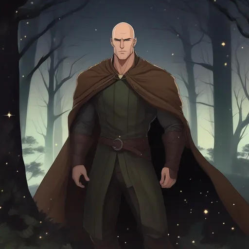 Prompt: highest quality anime art masterpiece, digital drawing, tall muscular caucasian bald male sorcerer wearing mantle, with freckles very short brown slicked back pompadour undercut hair with shaved sides:vistani, melancholic, in a forest on a dark foggy night, big sad slant brown eyes, pale milky skin:2, waxing moon, round shaven face, broad cheeks, ethereal, trimmed face, highres, realistic, highly detailed, fantasy, european, irish, D&D, Ravenloft, by Ilya Kuvshinov