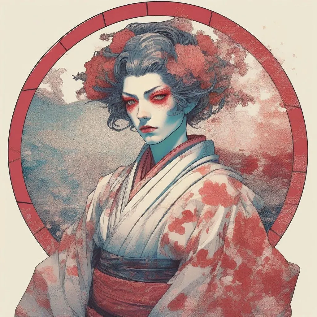 Prompt: a girl alike tall girlish Japanese boyish androgynous feminine young caucasian teenage male boy geisha, slightly masculine, a bit manly, boylike girllike cyberpunk android with open body implants an prosthetics, long wavy hair, woman kimono, full makeup, limitless, art, circle, one color background, by Hokusai and James Gurney,