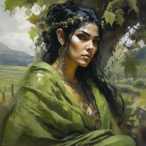 Prompt: Portrait Of a green skinned orc woman, Revealing Clothes, Ankle-Length black Hair, In Natural Linen Toga, Alluring Resting, Dark Fantasy, Background Grape Vineyard, Organic Tracery, Realistic Face, Dark Fantasy, Intricate Details, Hyper Detailed, Jean Baptiste Monge, Carne Griffiths, Michael Garmash, Seb Mckinnon