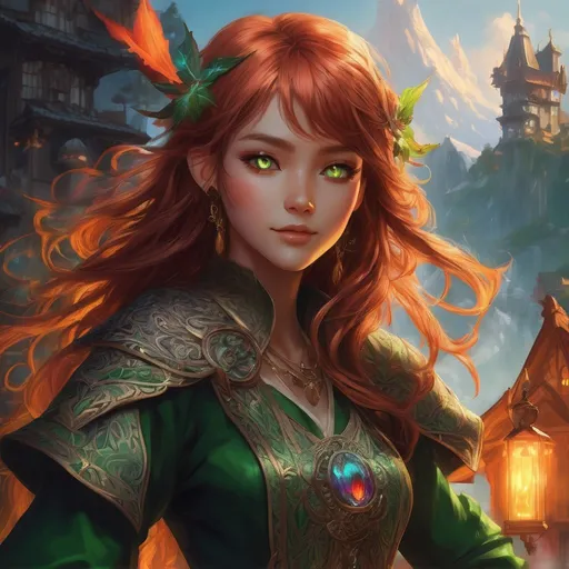 Prompt: ink painting, D&D fantasy, cute young ((green-skinned-goblin girl)), green-skinned-female, short petite body slender, beautiful, ((beautiful detailed face and large anime eyes)) long wavy fiery red hair, smiling, pointed ears, looking at the viewer, cleric wearing intricate adventurer outfit, intricate hyper detailed hair, intricate hyper detailed eyelashes, intricate hyper detailed shining pupils #3238, UHD, hd , 8k eyes, detailed face, big anime dreamy eyes, 8k eyes, intricate details, insanely detailed, masterpiece, cinematic lighting, 8k, complementary colors, golden ratio, octane render, volumetric lighting, unreal 5, artwork, concept art, cover, top model, light on hair colorful glamourous hyperdetailed, intricate hyperdetailed breathtaking colorful glamorous scenic view landscape, ultra-fine details, hyper-focused, deep colors, dramatic lighting, ambient lighting god rays, | by sakimi chan, artgerm, wlop, pixiv, tumblr, instagram, deviantart