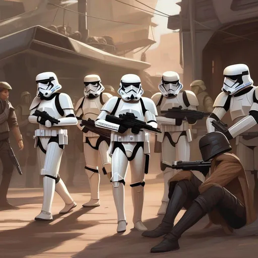 Prompt: a squad of star wars stormtroopers arresting a caucasian male ship captain with brown hair. In background a scifi slum. Star wars art. rpg. rpg art. 2d art. 2d.