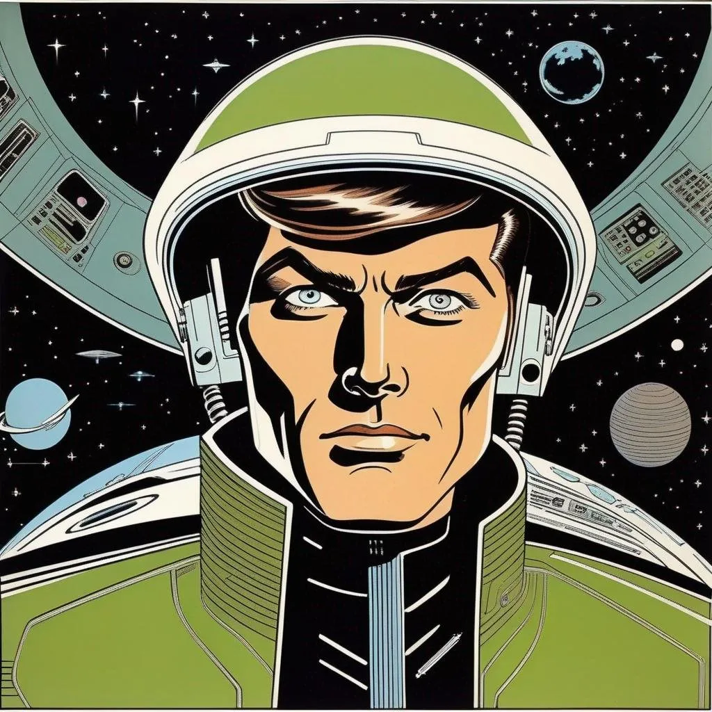 Prompt: Silk screen comic book illustration, of a muscled male with brown pompadour undercut, retro futuristic starship captain, green glowing eyes, smirking, black futuristic leather jackett, on smoky background, docking station, inside of a spaceship,  Well drawn face, detailed face,  1960s Soviet retrofuturism, 