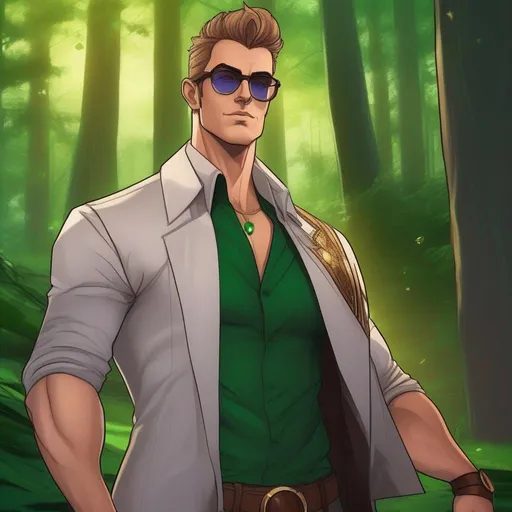 Prompt: highest quality anime art masterpiece, digital drawing, tall muscular bulky caucasian male sorcerer, wearing mage mantle, suideburns, very short brown slicked back pompadour undercut hair with shaved sides:vistani, wearing round glasses, green shades with emerald lenses, green round sunglasses, dark female makeup, melancholic, in a forest on a dark foggy night, big sad slant brown eyes, pale milky skin:2, waxing moon, round shaven face, broad cheeks, ethereal, trimmed face, highres, realistic, highly detailed, fantasy, european, irish, D&D, Ravenloft, by Ilya Kuvshinov