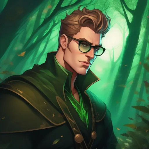 Prompt: highest quality anime art masterpiece, digital drawing, tall muscular bulky caucasian male sorcerer, wearing mage mantle, suideburns, very short brown slicked back pompadour undercut hair with shaved sides:vistani, wearing round glasses, green shades with emerald lenses, dark female makeup, melancholic, in a forest on a dark foggy night, big sad slant brown eyes, pale milky skin:2, waxing moon, round shaven face, broad cheeks, ethereal, trimmed face, highres, realistic, highly detailed, fantasy, european, irish, D&D, Ravenloft, by Ilya Kuvshinov