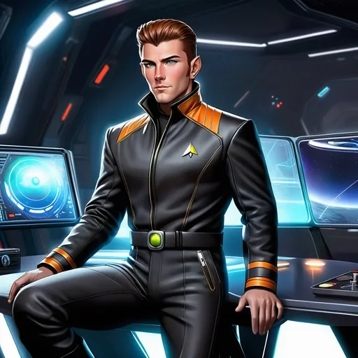Prompt: a young muscular vulcan scifi irish starfleet admiral with short brown slicked back hair and pointed ears. 35 years old. He wears a 22th century retro futuristic black space coat. grey pants. black boots. in background a spaceport. he is sitting next to a holographic desk surrounded by petty officials and starship captains. rpg. rpg art. 2d art. 2d. well drawn face. detailed.