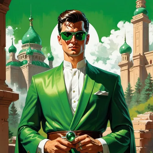 Prompt: retro futuristic soviet silk screen pulp fiction fantasy comic book cover, a dark chesnut haired male sorcerer very short slicked back pompadour undercut hair, mage, tall and willowy and pretty, soft freckles, big large green eyes, wizard, intricate emerald and green robe, wearing round retro shades with green lenses, old fashioned emerald sunglasses, iron palace gray metal, landscape beautiful pine forest, Carne Griffiths, Michael Garmash, Frank Frazetta, Castle Background, Victo Ngai, Detailed, Vibrant, Sharp Focus, Character Design, Wlop, Kuvshinov, TXAA, 32k, Highly Detailed, Dynamic Pose, Intricate Motifs, Organic Tracery, Perfect Composition, Digital Painting, Artstation, Smooth, Sharp Focus, Illustration, hyperdetailed, greg rutkowski