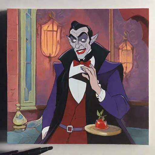 Prompt: gouache painting of a modern Disney animated style Renfield from Dracula inspired by Basil Gogos.