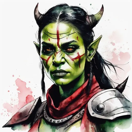 Prompt: Ultra realistic photo portrait of a female orc warrior queen in watercolor style, minimalist, elegant, white background, black lines, green shades, red tones, thick bold Rotring lines, capturing strength and fantasy, powerful and artistic portrayal, focusing entirely on the character, no additional elements, watercolor illustration.