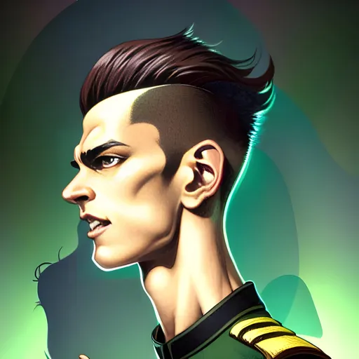 Prompt: detailed character full body portrait of a skinny brown pompadour undercut androgynous male starship captain brown eyes smirking green shades black uniform on smoky neon background artgerm greg rutkowski mucha